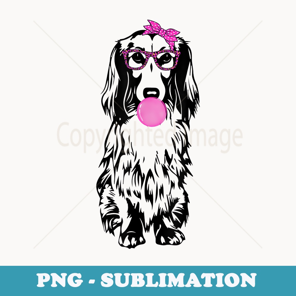 Longhaired Dachshund dog with bubble gum bandana glasses - Premium PNG Sublimation File