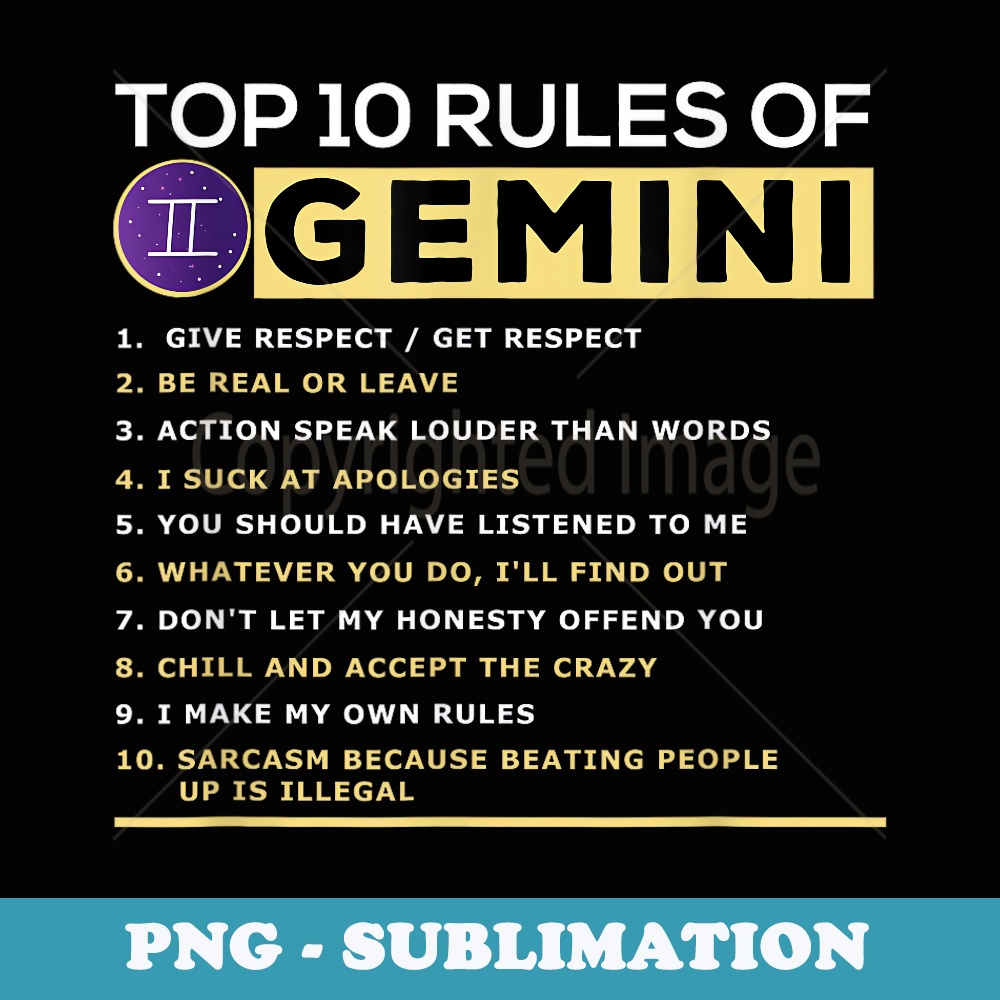 Top 10 Rules Of Gemini Facts Traits Horoscope Zodiac Sign - PNG Sublimation Digital Download