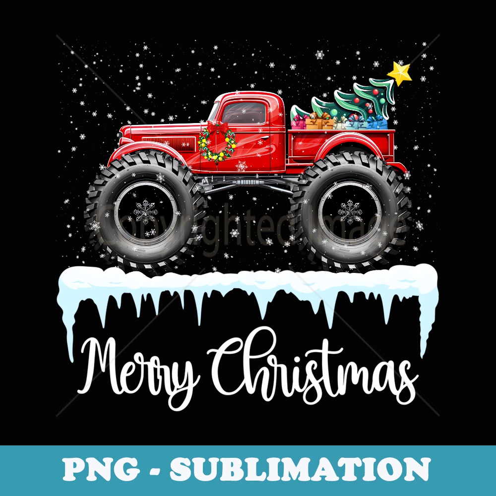 Merry Christmas Vintage Red Monster Truck Old Fashioned Xmas - Signature Sublimation PNG File