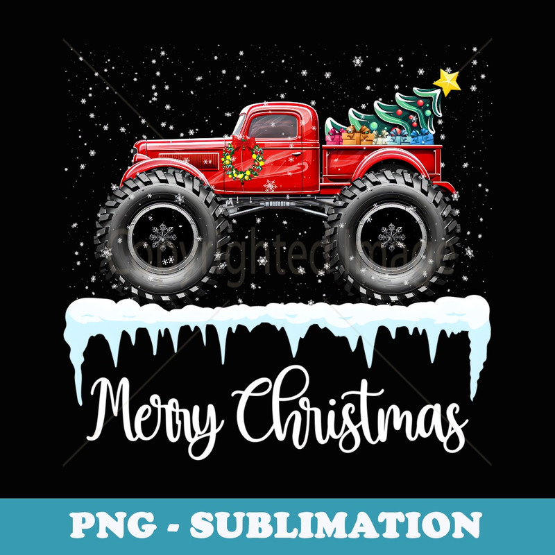 Merry Christmas Vintage Red Monster Truck Old Fashioned Xmas - Signature Sublimation PNG File
