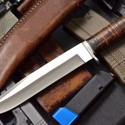 custom handmade d2 tool steel full tang fixed blade hunting camping survival bushcraft bowie knife with leather sheath