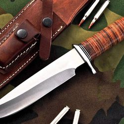 handmade d2 tool steel full tang fixed blade stacked leather handle classical bowie knife with leather sheath