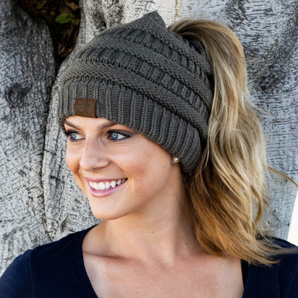Chic Soft Knit Ponytail Beanie Dark Gray