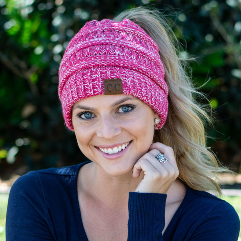 Chic Soft Knit Ponytail Beanie Pink Confetti