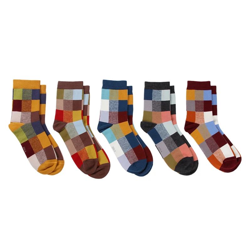 Combed Cotton Mens Compression Dress Socks Colorful Square Pattern 1