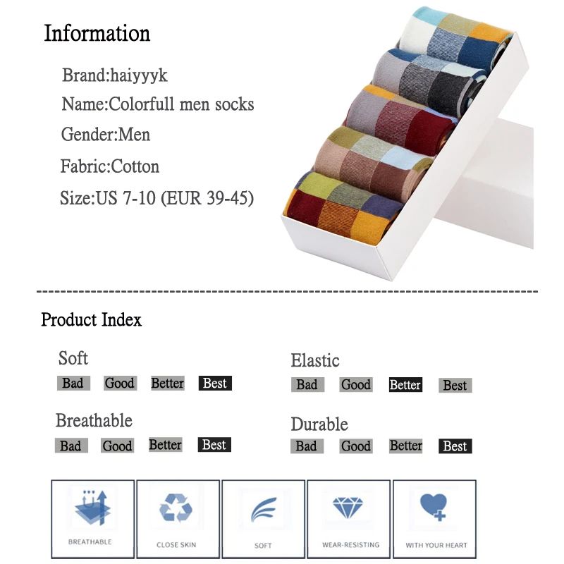 Combed Cotton Mens Compression Dress Socks Colorful Square Pattern 5