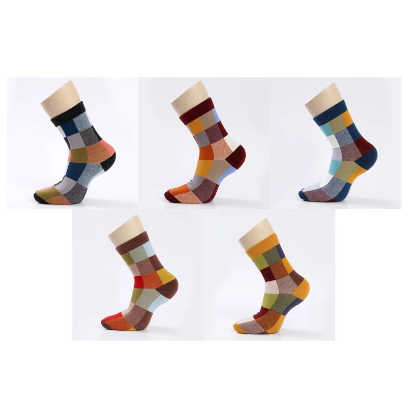 Combed Cotton Mens Compression Dress Socks Colorful Square Pattern 6