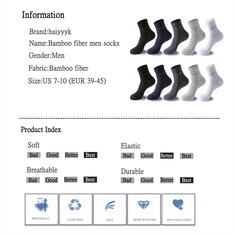 Mens Bamboo Fiber Crew Socks Breathable AntiBacterial Ideal For Business Casual Wear 5