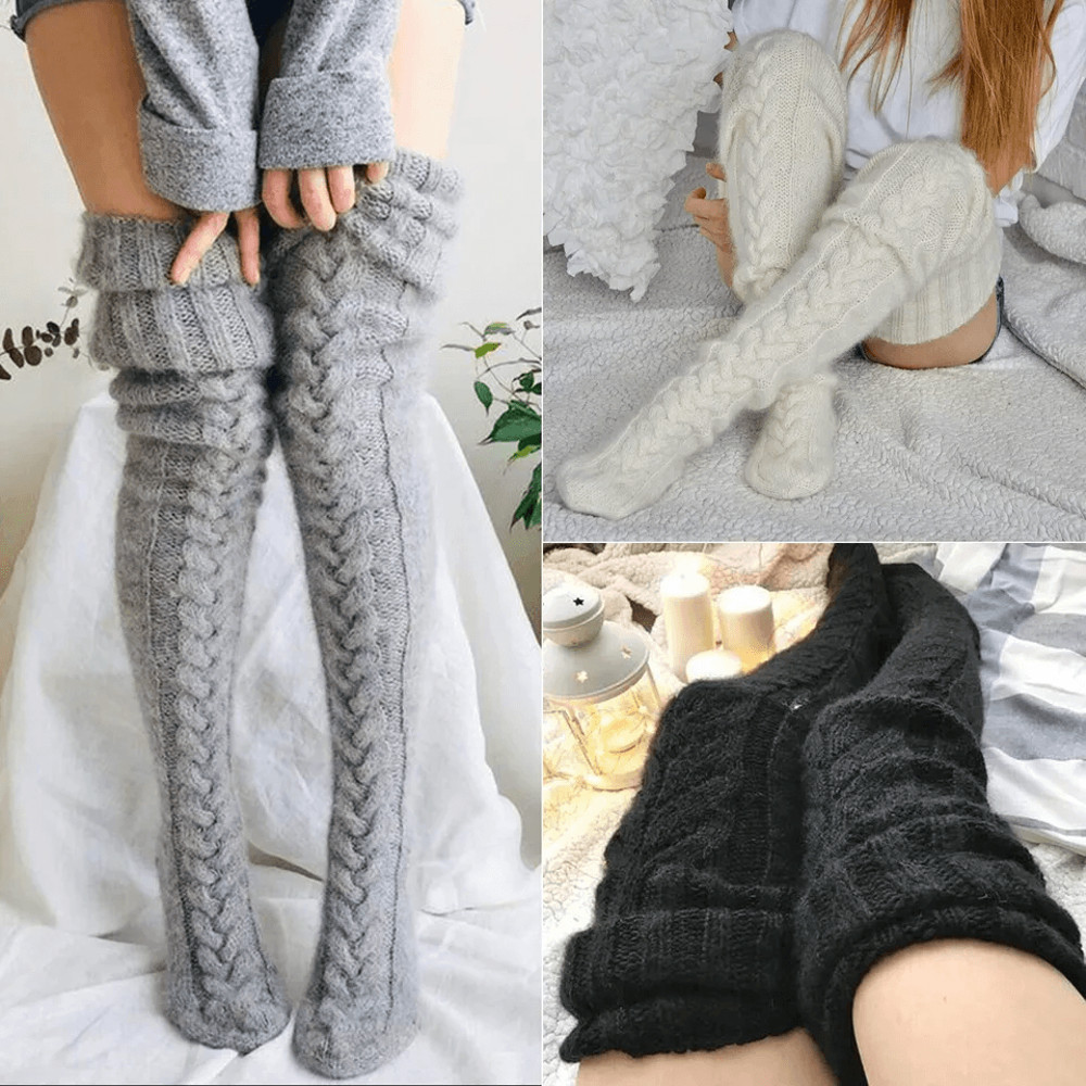 Warm Cable Knit Thigh High Socks For Women Over Knee Long Winter Stockings Boot Warmers 0