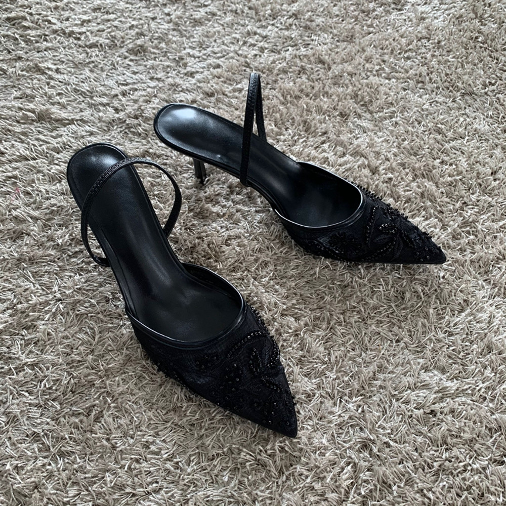 High Heels Women Sandals Mesh Embroidered Elegant Pointed Toe Slingback Party Wedding Bridal Dress Shoes for Women