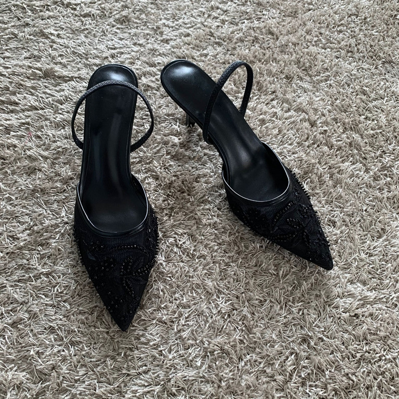 High Heels Women Sandals Mesh Embroidered Elegant Pointed Toe Slingback Party Wedding Bridal Dress Shoes for Women