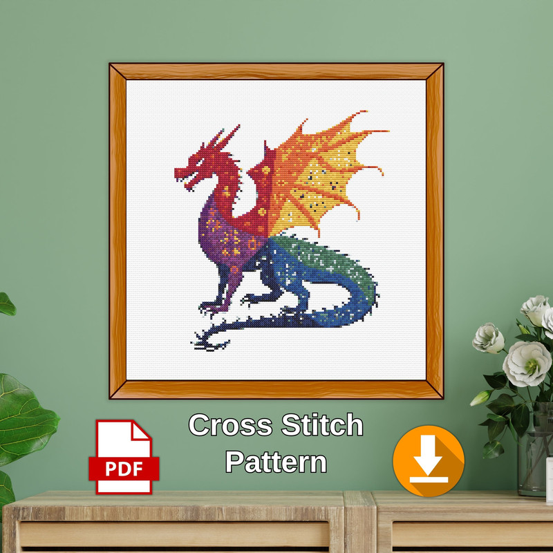 Cross Stitch Pattern Dragon Silhouette Ornament Rainbow Monochrome Fantasy Counted Crossstitch Patt 0
