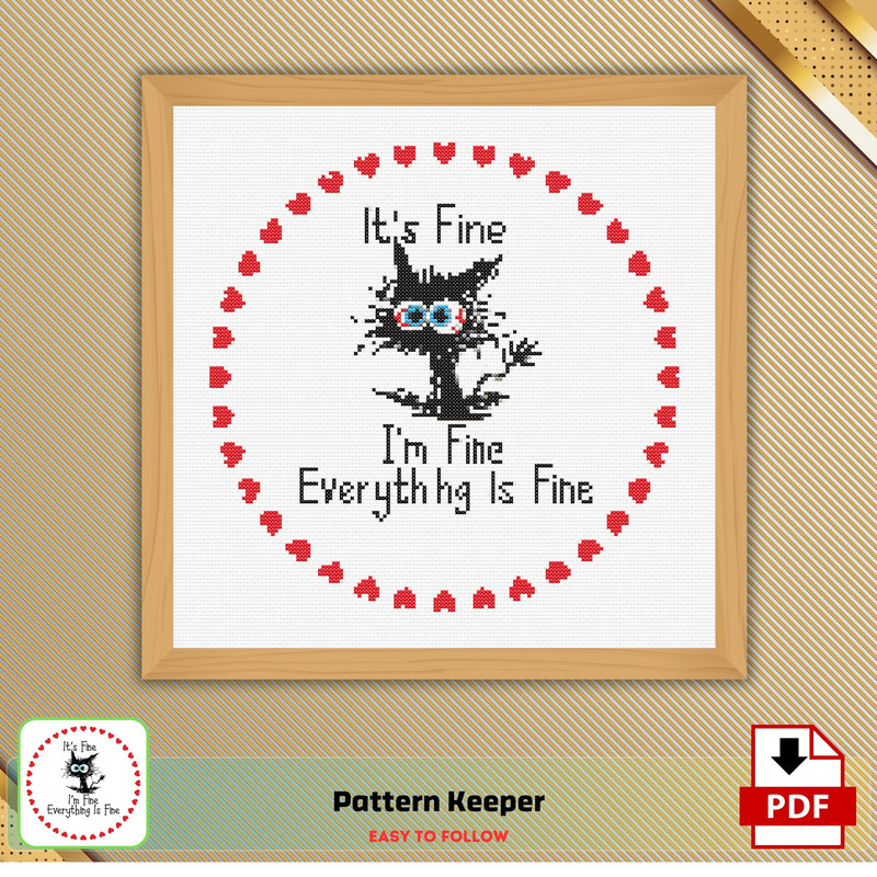 Heart Funny Cat Cross Stitch Pattern Im Fine Everything Is Fine  Instant Pdf Download 0