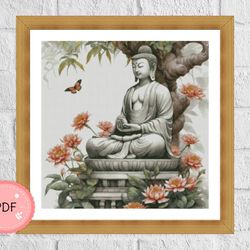 Cross Stitch Pattern, Buddha Surrounded By Lotus Flowers,Pdf Format,Instant Download,X Stitch Chart,Religious,Buddhism