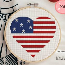 Cross Stitch Pattern,Heart Shaped AmericanFlag,Pdf,Instant Download,Patriotic,Love,Independence Day,4th Of July,USA Flag