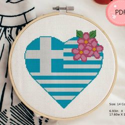 Cross Stitch Pattern,Greece Love,Heart Shaped Greek Flag,Pdf,Instant Download,Pink Flower,Beginner,Mediterrane Country