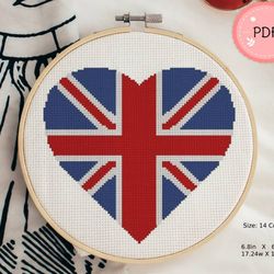 Cross Stitch Pattern,Heart Shaped United Kingdom Flag,Great Britain,Union Jack,Pdf,Instant Download,Beginner,Patriotic