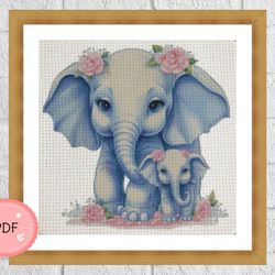 Cross Stitch Pattern,Elephant Mom And Her Baby,Pdf,Instant Download,X Stitch Chart,Book Lovers,Watercolor,Family,Animal