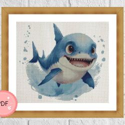 Cross Stitch Pattern,Cute Little Shark,Pdf,Instant Download,Watercolor,Family,Baby Animal,Sea Life,Ocean Animal