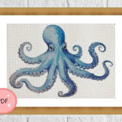 Cross Stitch Pattern,Blue Octopus ,Pdf,Instant Download,X Stitch Chart,Beach Needlework,Sea Animal,Watercolor