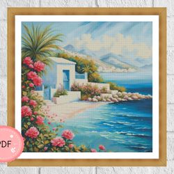 Cross Stitch Pattern,Mediterranean Coastal Village,Island House,Sea View,Pdf,Instant Download,Greece,Santorini
