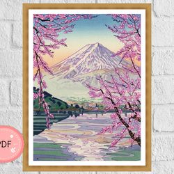 Cross Stitch Pattern,Mountain Fuji From Lake Kawaguchi,Okada Koichi,Pdf,Instant Download,Japanese Art,Ukiyo-e Style
