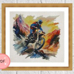 Cross Stitch Pattern,Motorcycle Riding In The Mountains,Watercolor Motocross, Pdf,Instant Download,Dirt Bike