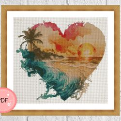 Cross Stitch Pattern,Sunset Beach Heart Shaped 2,Pdf , Instant Download,Sea, Beach Needlework , Coastal,Palm Tree
