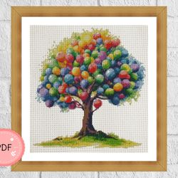 Cross Stitch Pattern,Watercolor Balloon Tree,Instant Download ,PDF, Botanical,X Stitch Chart,Colorful