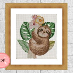Cross Stitch Pattern ,Little Sloth,Pdf,Instant Download ,Green Plants,Watercolor,Cute Little Animal,Hibiscus,Tropical