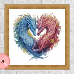 Cross Stitch Pattern,Dragons Love,Magical Dragon,Fantastic,Colourful Dragon Head,Pdf,Instant Download,Heart Shaped