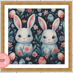 Cross Stitch Pattern,Easter Bunnies,Pdf, Instant Download , X Stitch Chart,William Morris Inspired