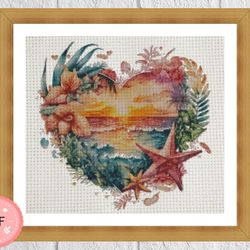Cross Stitch Pattern,Sunset Beach With Starfish,Heart Shaped,Pdf , Instant Download,Sea, Beach Needlework , Coastal,Palm