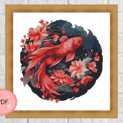 Cross Stitch Pattern,Red Fish Surrounded By Red Flower, Japanese Fish, Pdf File,Asian Style
