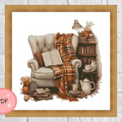 Cross Stitch Pattern,Cozy Reading Area,Pdf,Instant Download,Cozy Home,Interior,Library,Book Lovers,Bookshelf
