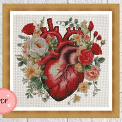 Cross Stitch Pattern, Heart Surrounded By Flowers 2,Pdf,Instant Download , Floral X Stitch Chart, Bouquet,Heart Shaped