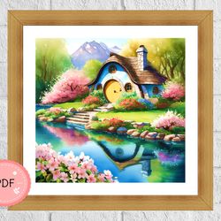 Cross Stitch Pattern,Little House By The Lake,Cozy,PDF Instant Download,Gnome House,Elf,Nature Landscape