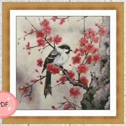 Asian Cross Stitch Pattern,Little bird sitting on a tree,Watercolor,Asian Landscape,Pdf File,Asian,Forest And Mountains