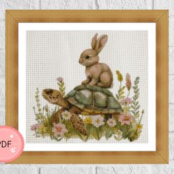 Cross Stitch Pattern,Cute Bunny On Top Of The Turtles Shell,Pdf,Instant Download,X Stitch Chart,Watercolor,Best Friends