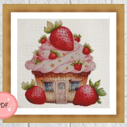 Cross Stitch Pattern , Strawberry Cupcake House,X Stitch Pattern, Pdf, Instant Download,Food, Watercolor,Desserts,Pink