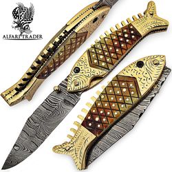 alfari trader handmade damascus steel fish folding knife - utility knife - with leather sheath highest quality