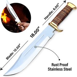 alfari 14-inch bowie knife, full-tang fixed blade knife leather handle, hunting knife with leather sheath for outdoor