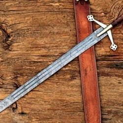 alfari handmade damascus steel long scottish claymore viking hiking sword with cow leather sheath