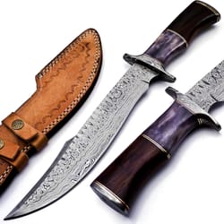 alfari handmade damascus steel fixed blade bowie knife with leather sheath full tang multipurpose knife outdooor camping