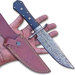 alfari 11 inches bowie knife full tang fixed blade leather sheath feather pattern black handle outdoor camping