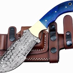 alfari 10 inch damascus steel hunting tracker knife with horizontal carry sheath fixed blade camping blue bone handle