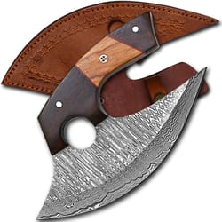 alfari 7 inches damascus ulu knife with leather sheath handmade pizza cutter with non-slip handle alaskan ulu mincing
