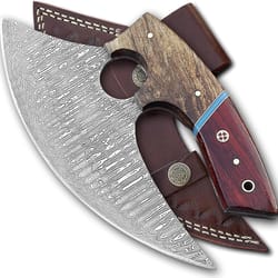 alfari 5 inches damascus ulu knife cow leather sheath handmade pizza cutter with non-slip handle ideal alaska gifts