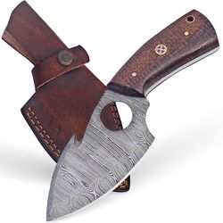alfari custom damascus steel hunting knife with sheath, handmade 7" edc fixed blade skinning knife with gut hook for men