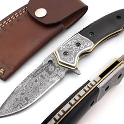 pocket knives & folding knives for men & women personalized engraved high carbon steel damascus blade (black horn)